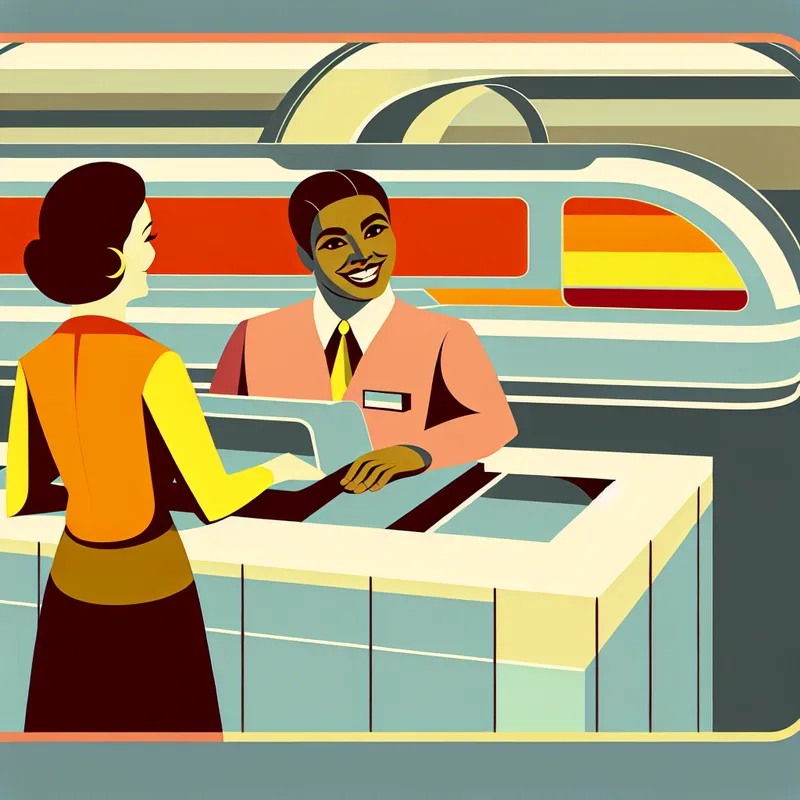 Vriendelijke loketbediende helpt een klant aan een modern, geometrisch loket met retrofuturistisch design.