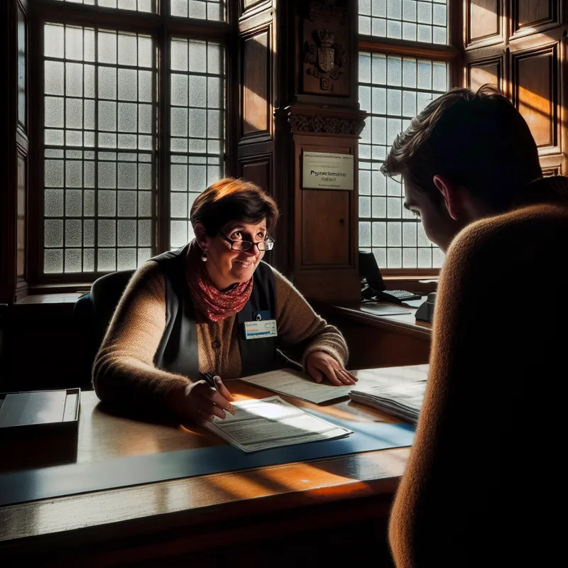 Loketbediende verwerkt paspoortaanvraag aan een houten bureau.