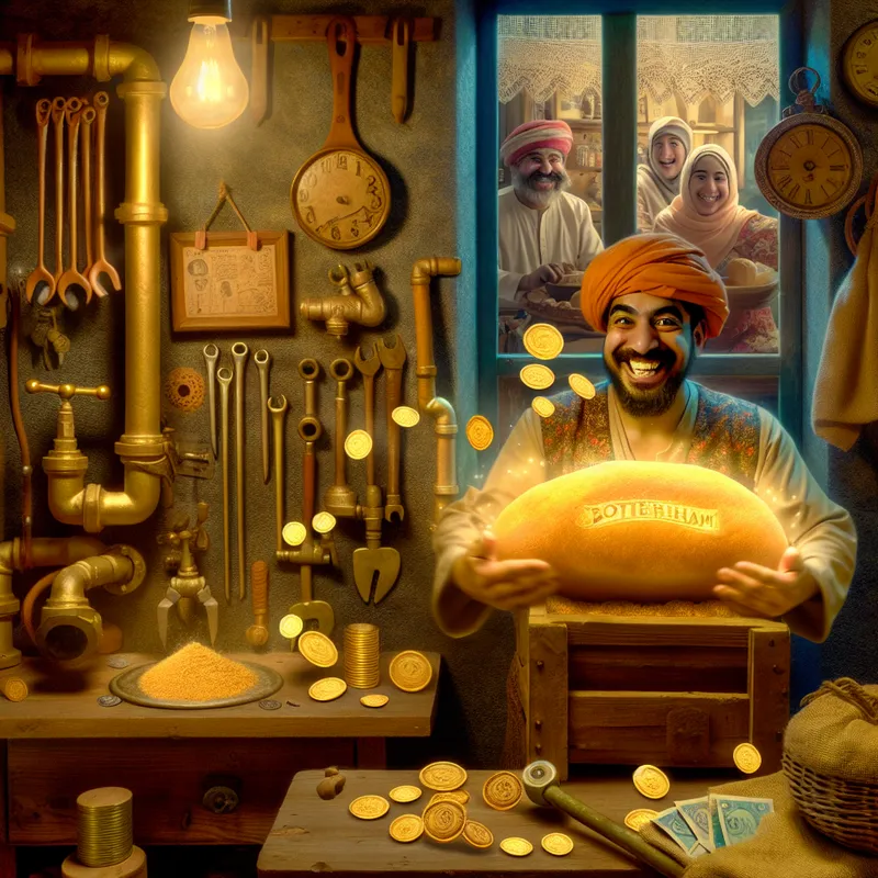 Vrolijke loodgieter in nostalgische werkplaats met gouden boterham als symbool voor inkomen en levensonderhoud