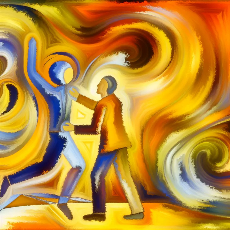 Abstract expressionistische voorstelling van een loopbaancoach die iemand begeleidt bij persoonlijke groei en het vinden van een nieuwe baan, met warme kleuren en dynamische penseelstreken