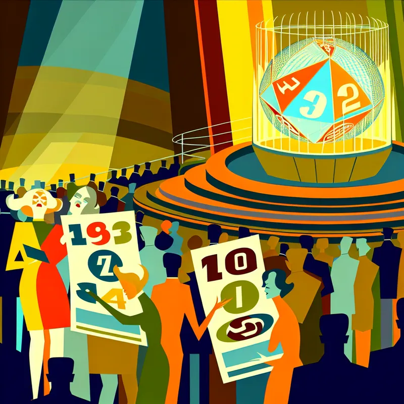 Een levendige retro-futuristische illustratie van een loterij scène met blije deelnemers die hun unieke genummerde loten ontvangen.