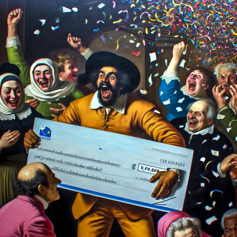 Ecstatische persoon met miljoen euro cheque omringd door confetti en ballonnen tijdens loterijviering