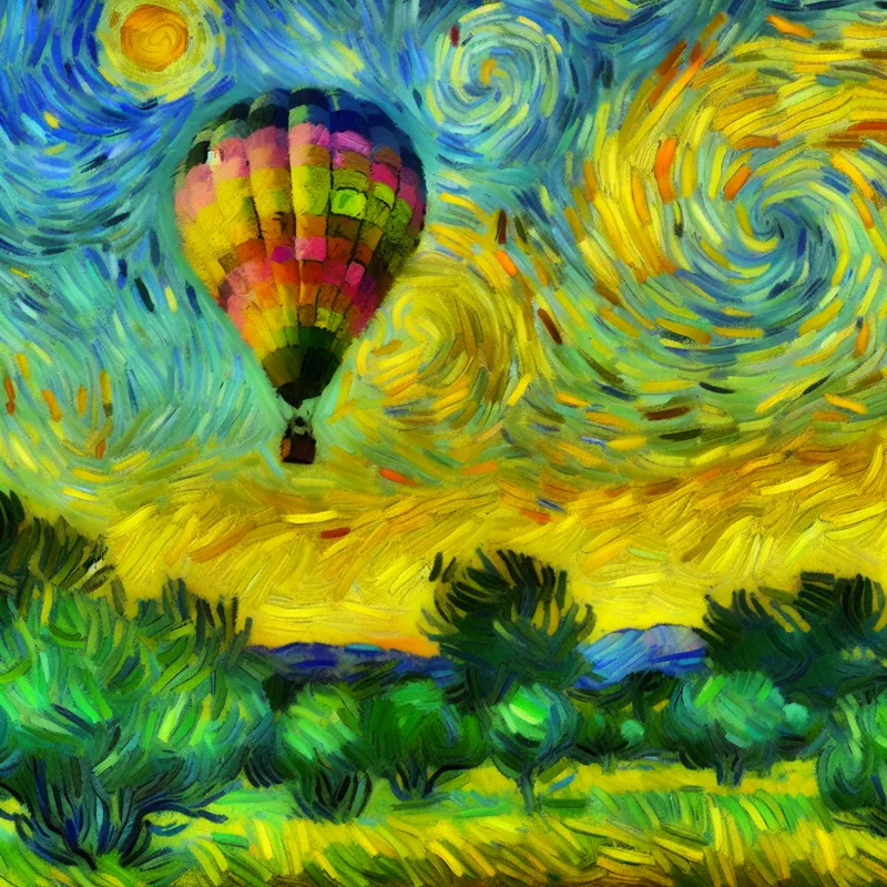 Kleurrijke luchtballon stijgt op bij zonsopgang boven groene velden in Van Gogh-stijl