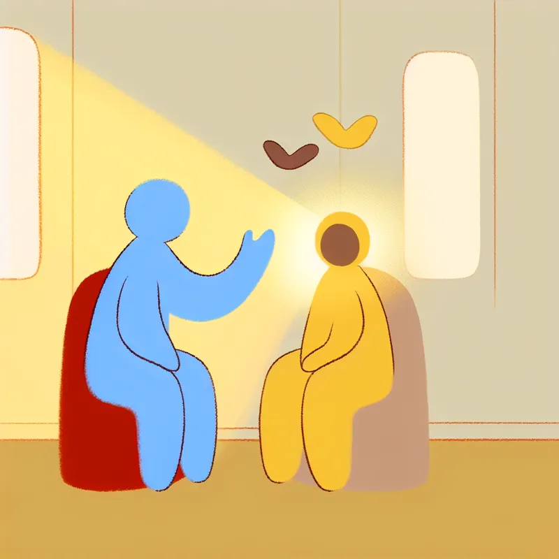 Twee eenvoudige figuurtjes in een warme kamer, waarbij de een zijn gevoelens deelt en opluchting ervaart terwijl de ander aandachtig luistert