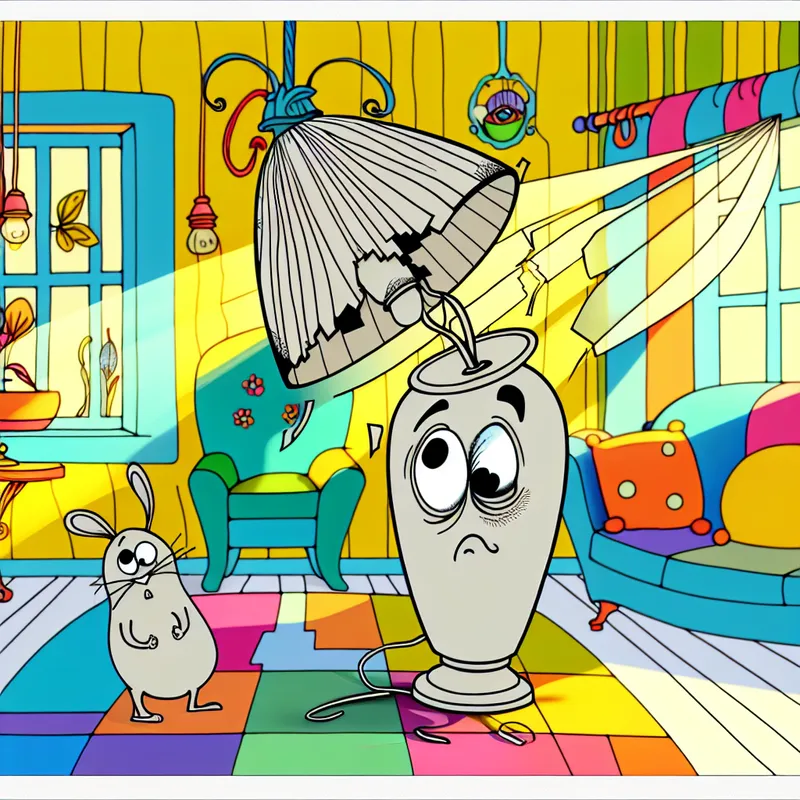 Een cartoonachtige illustratie van een gezellige woonkamer met een kapotte lamp met een treurig gezicht, inspecteerd door een klein animatief dier.