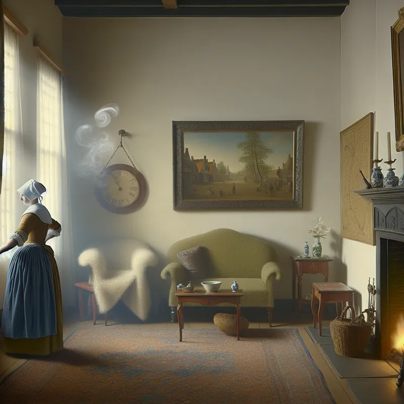 17e-eeuws Hollands interieur met vrouw bij raam, zacht licht en zichtbare luchtstroom in de schoorsteen