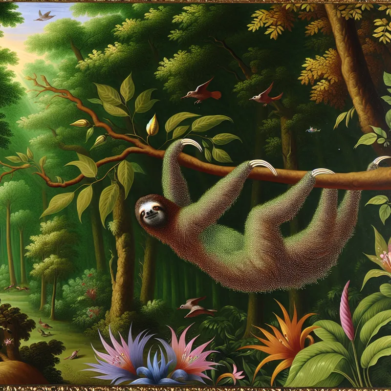 Een luiaard hangt ontspannen aan een tak in een heldere, weelderige boom.