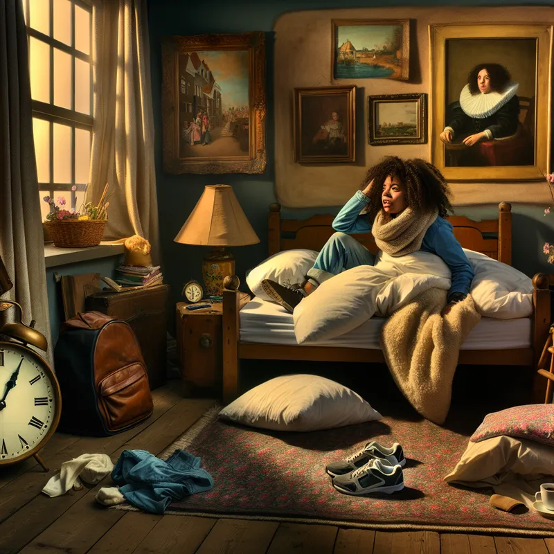 Een jonge vrouw ligt lui in bed met een warm dekbed en kussens, terwijl ze de klok bekijkt in een sfeervolle, gezellige slaapkamer.