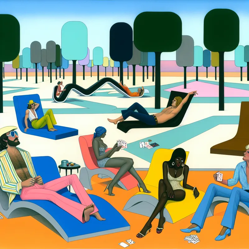 Een groep luie mensen die ontspannen in een futuristisch park met geometrische banken.