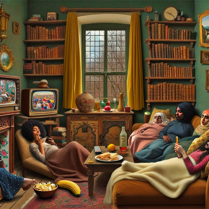 Gezellige woonkamer met lui mensen op een bank, kijkend naar een vintage televisie