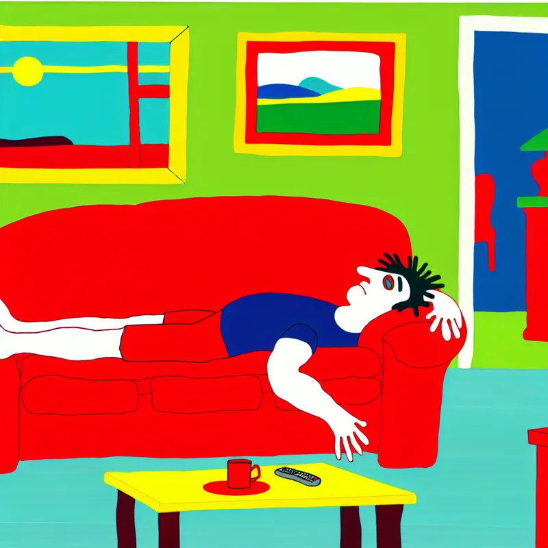 Minimalistische illustratie van een persoon die lui op een felrode bank ligt in een gezellige woonkamer, met gespreide armen en benen en een tevreden maar passieve uitdrukking