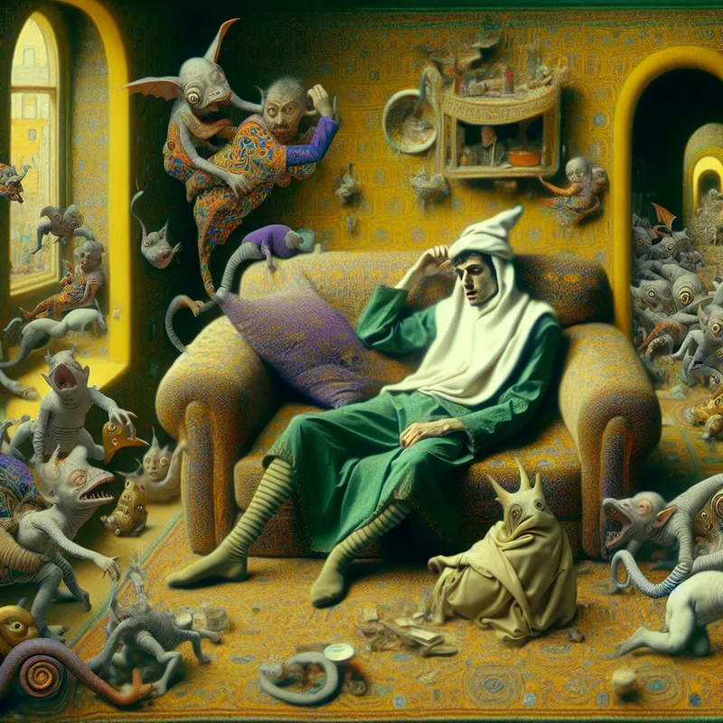 Een persoon ligt lui op een bank, omringd door bizarre creaturen in de stijl van Hieronymus Bosch.