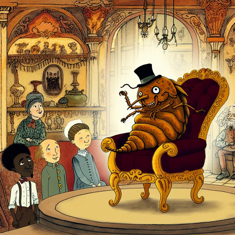 Een grote cartoonachtige luis in een luxe fauteuil met een hoge hoed en monocle, omgeven door een kind, een vrouw en een oude man die verbaasd en geïrriteerd kijken.