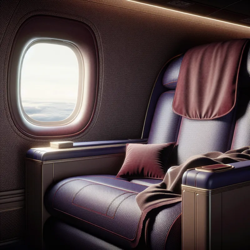 Luxe businessclass vliegtuigstoel met zachte kussens, deken en kussen bij raam met uitzicht op serene lucht