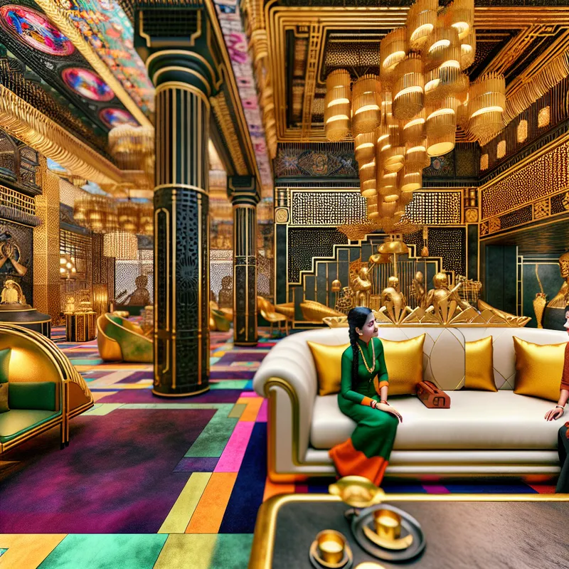 Luxe hotel lobby met gouden accenten en moderne retro-futuristische elementen
