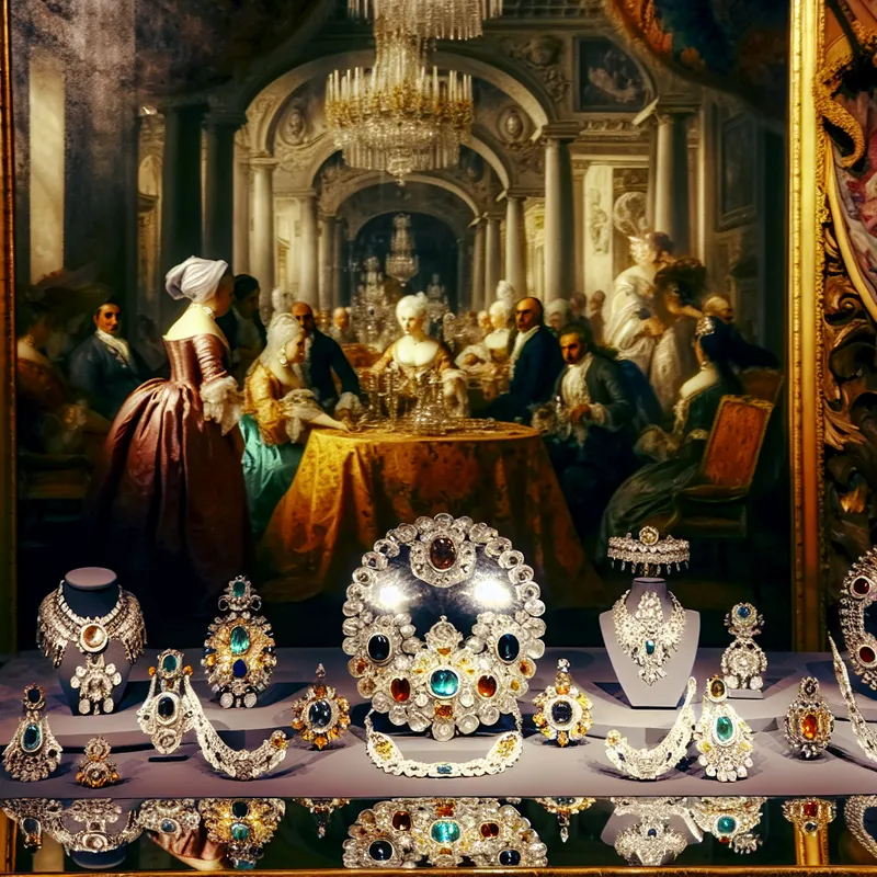 Een luxe 18e-eeuwse parure met edelstenen en goud, weergegeven op een versierde tafel, met aristocraten op de achtergrond.