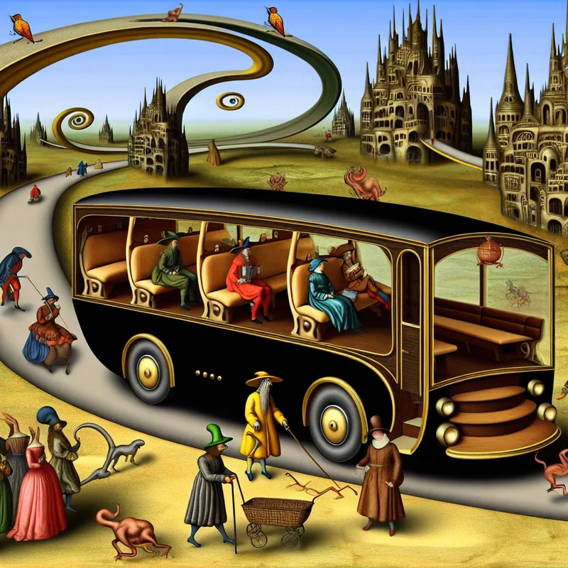 Surrealistisch luxe reisgezelschap in een drijvende, middeleeuws aandoende groepcoach met comfortabele zitplaatsen en fantasiewezens, in de stijl van Jheronimus Bosch