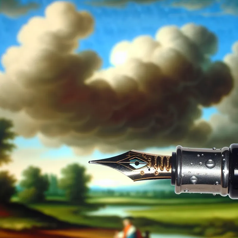 Close-up van een fraaie vulpen met een complexe veermechanisme en inktdruppels op een achtergrond van dramatische wolkenluchten.