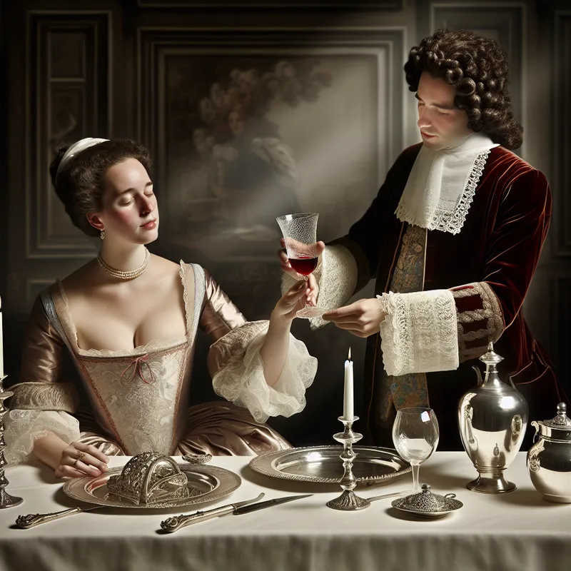 17e-eeuws Nederlands interieur met een elegant gekleed paar dat luxe wijn deelt in een verfijnde setting