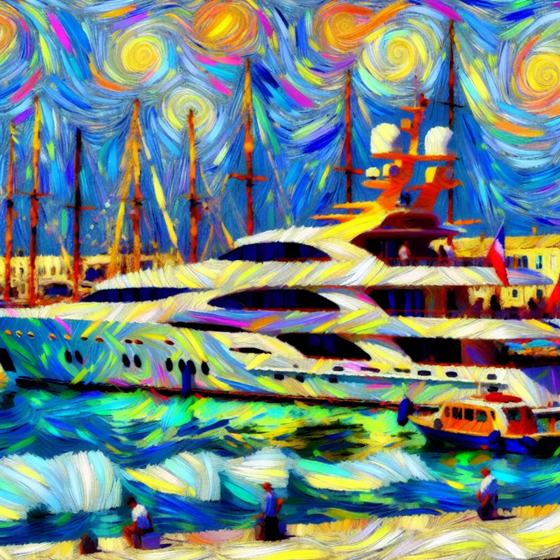 Abstract kleurrijke illustratie van een luxe yacht in een levendige haven met zwervende golven en heldere luchten