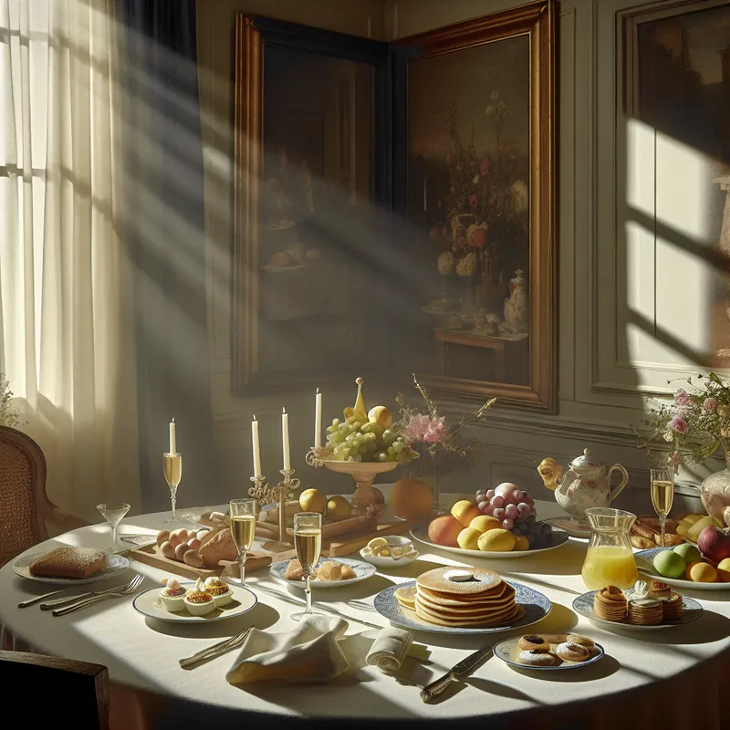 Luxueus buffetontbijt met pannenkoeken, eieren en fruit in een lichte eetkamer