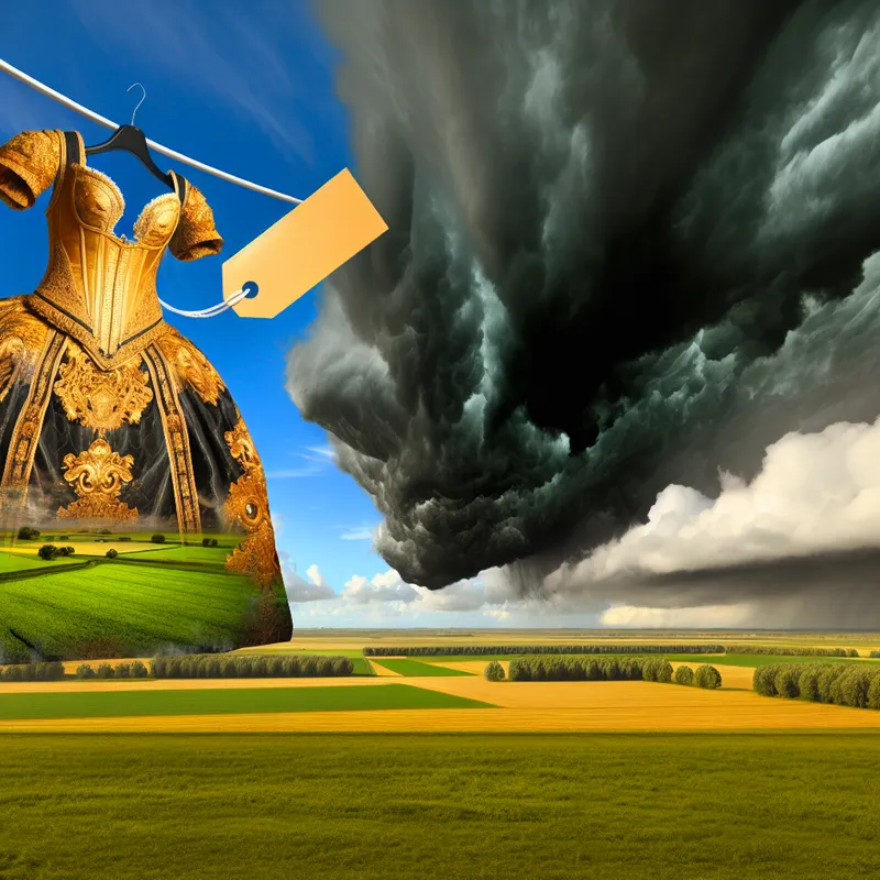 Luxueus gouden jurk hangend aan een lijn met een stormachtige lucht op de achtergrond