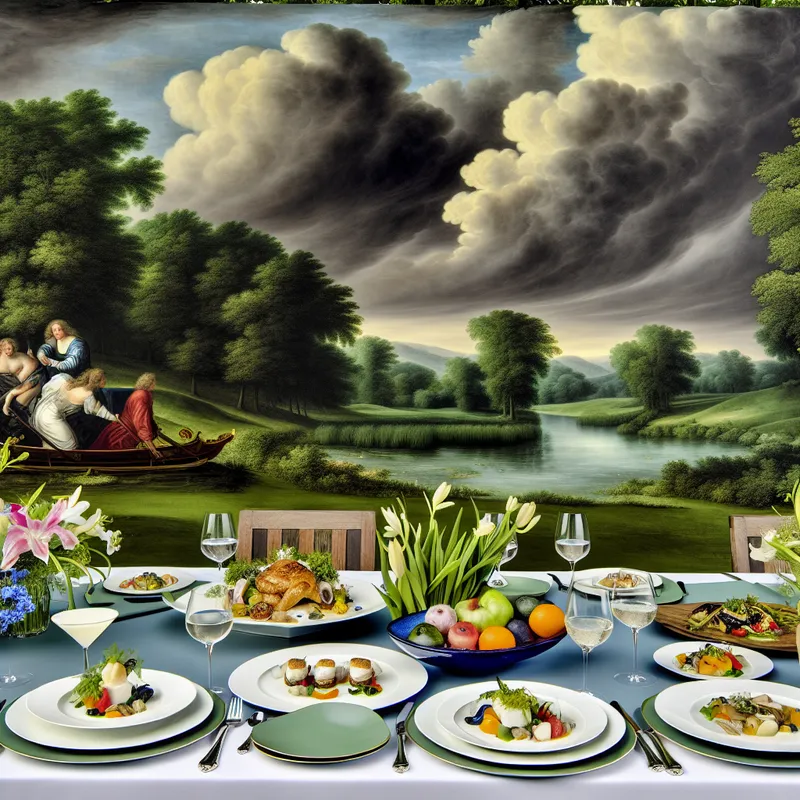 Een prachtig gedekte buiten eettafel onder een dramatische lucht met luxe gerechten.