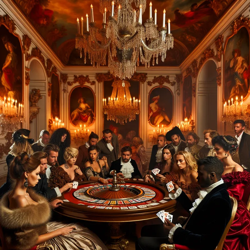 Een druk spel van Faro in een luxe casino met elegant geklede spelers rond een gedecoreerde speeltafel.