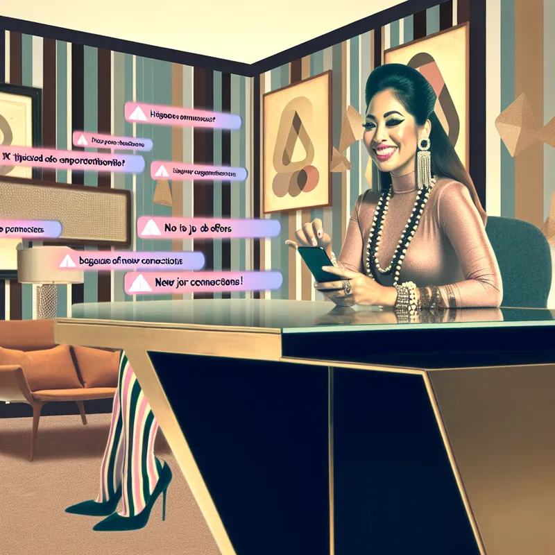 Een zelfverzekerde vrouw in stijlvolle kleding zit achter een modern bureau met een smartphone, terwijl jobaanbiedingen om haar heen zweven.