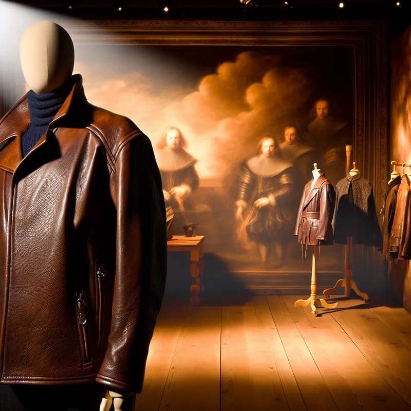 Stijlvolle figuur in leren jack staat zelfverzekerd in een luxe mode-setting, verlicht door chiaroscuro.