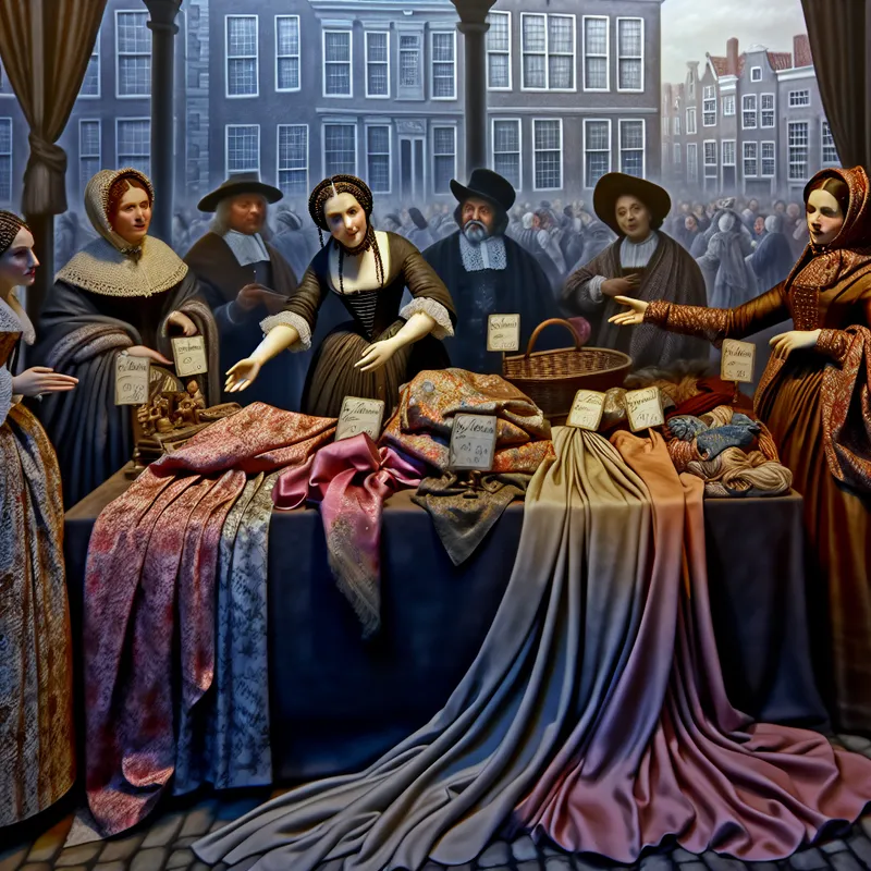 Detail van een levendige stadsmarkt met een verkoper achter een luxe stoffenstall en klanten die gefascineerd naar de hoge prijzen kijken.