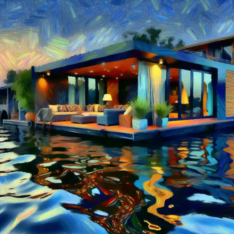 Luxueuze villawoonboot met grote ramen en uitzicht op het water tijdens zonsondergang