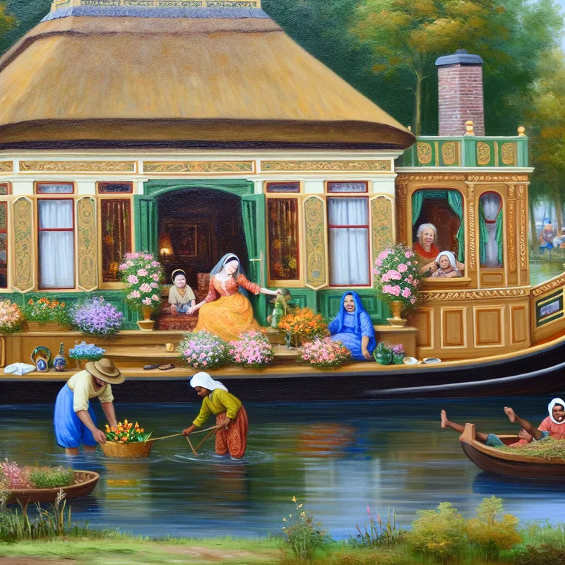 Een luxueuze villawoonboot met bloeiende balkons en een tuin, waar een vrolijke familie samen tijd doorbrengt op het water.