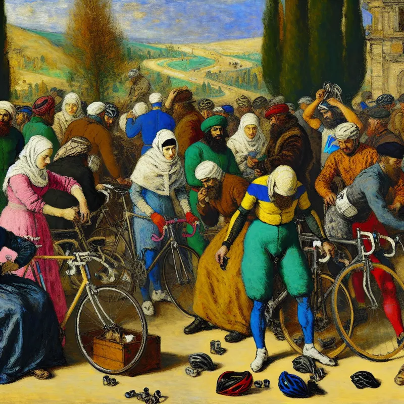 Groep fietsers bereidt zich voor op een tocht, in Frans Hals stijl