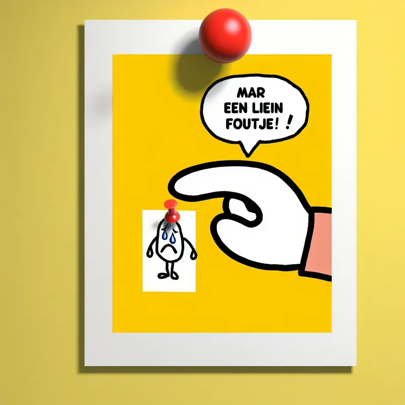 Minimalistische illustratie van een klein verdrietig gezichtje met een traan, vastgeprikt aan een gele muur, met een vrolijke hand die een spreekwolk toont met de tekst 'maar een klein foutje!'