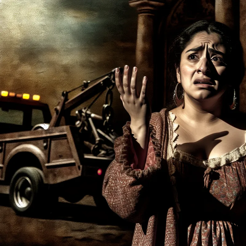 Persoon in dramatisch licht kijkt machteloos toe terwijl een takelwagen zijn auto wegvoert, gevoel van verlies en onmacht