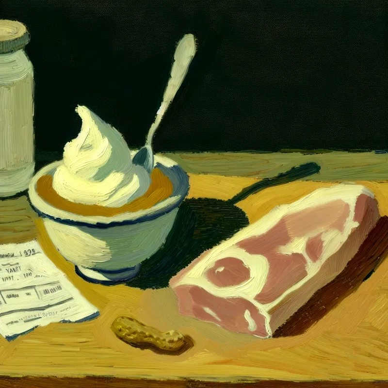 Stilleven schilderij in Van Gogh-stijl van magere yoghurt met lepel en mager stuk rauw vlees op houten tafel, met boodschappen op de achtergrond