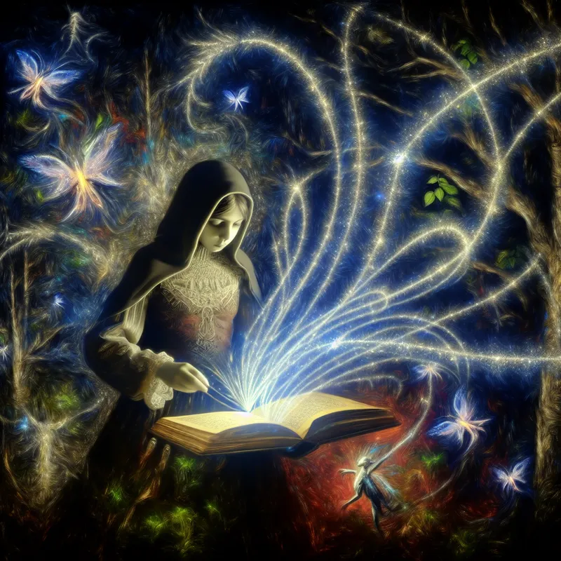 Een jong kind opent een magisch toverboek in een betoverend bos, omringd door kleurrijke magie en mystieke wezens.