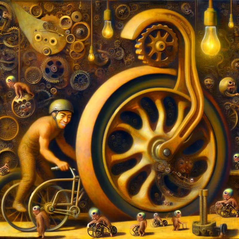 Surrealistisch tafereel van een fietswerkplaats met een magische steeksleutel die een bout vastdraait aan een hybride fiets-auto, omringd door ondeugende wezentjes en zwevende mechanische onderdelen