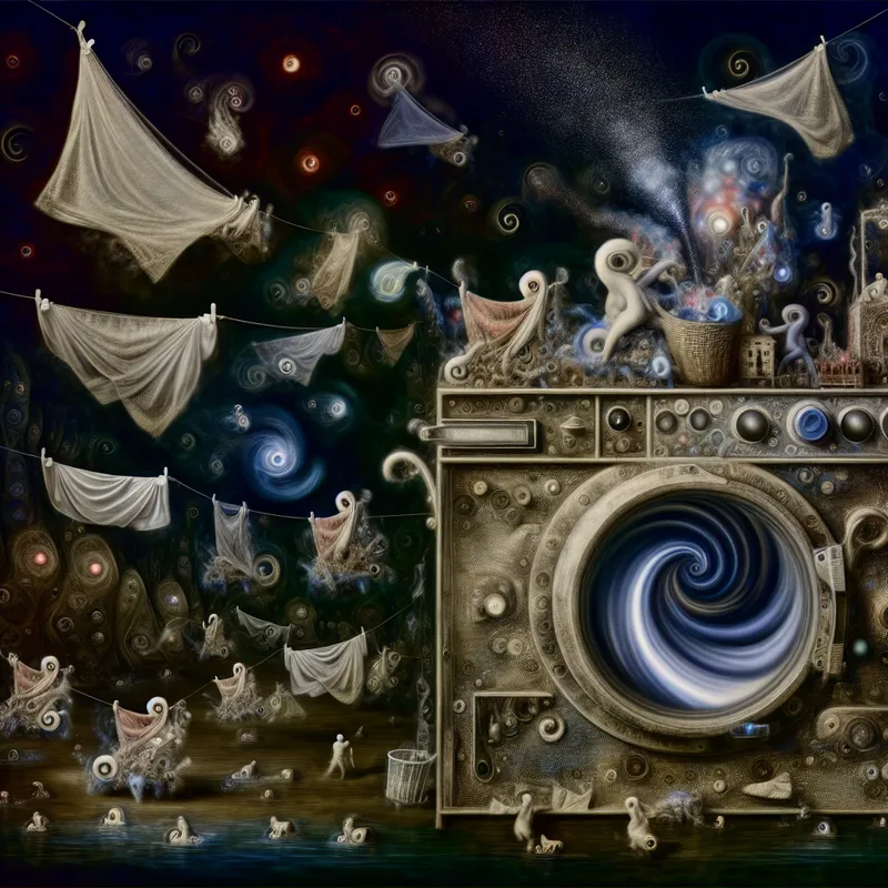 Surrealistisch tafereel in de stijl van Jheronimus Bosch van een magische wasruimte waar levend wasgoed en wezens een wasmachine bedienen