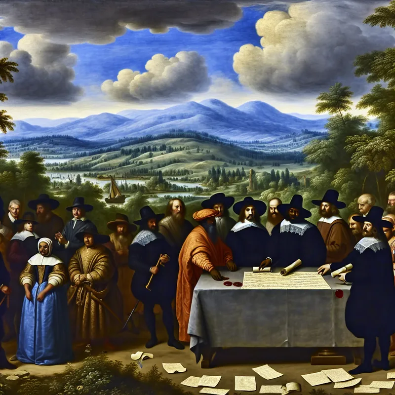 Groep diverse individuen rond een antieke stenen tafel, met een autoriteitspersoon die een gecertificeerd document toont in een prachtig Nederlands landschap.