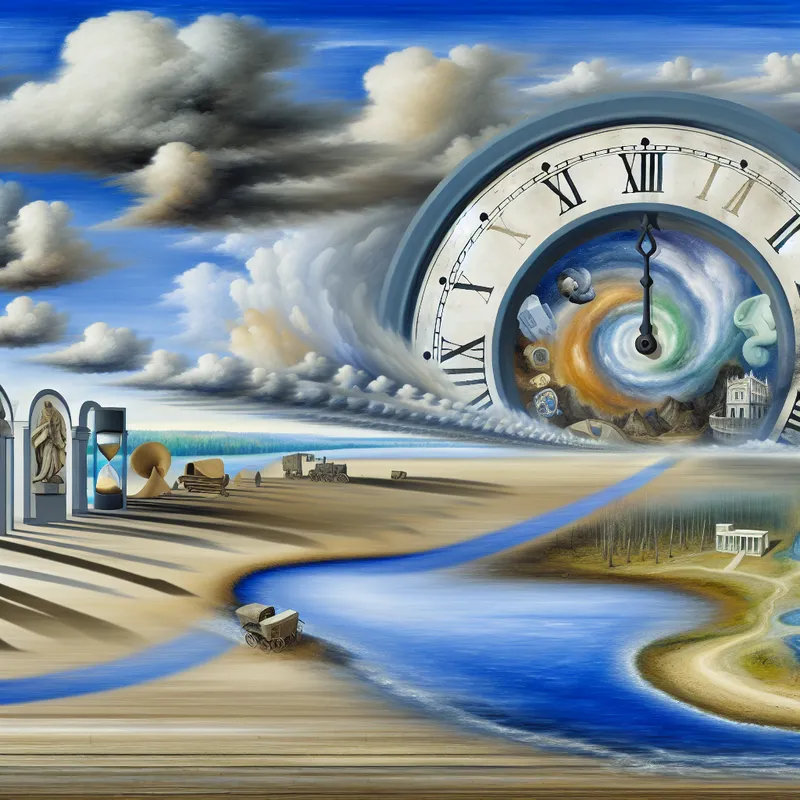 Een majestueus landschap met een grote klassieke filmklok, bevroren op twee uur en vijftien minuten, omringd door een dramatische lucht en een stromende rivier.