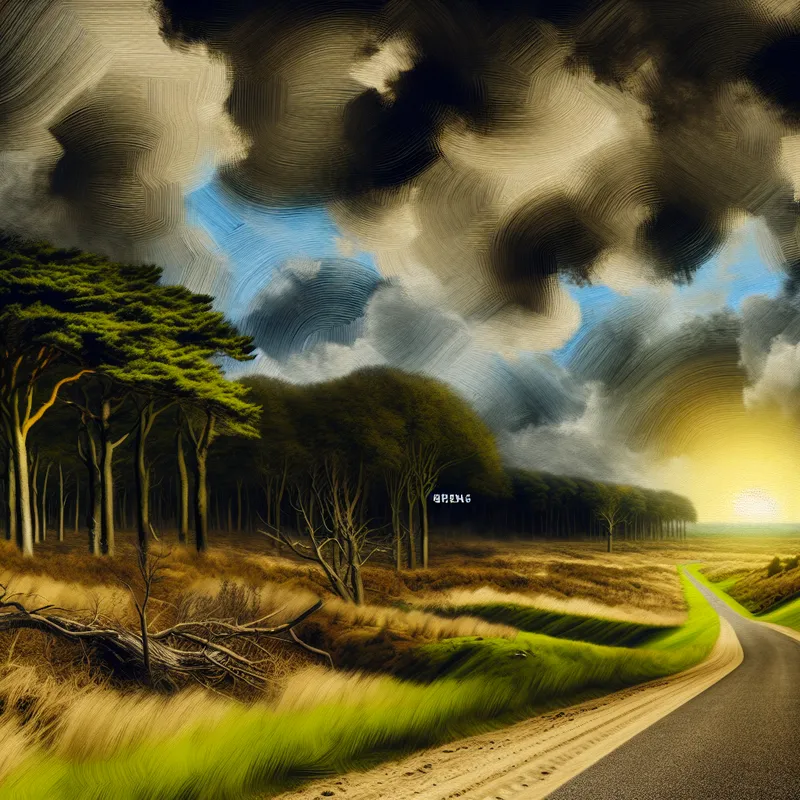 Een majestueus landschap met een kronkelig pad dat naar een donkere, dreigende bos leidt, symboliserend de begrenzing van een reis. De zonlicht vervaagt en de lucht is dramatisch met draaiende wolken.