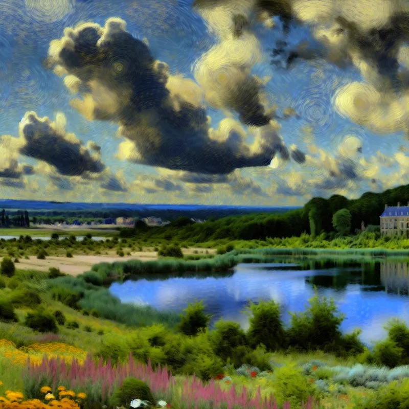 Schilderij van een majestueus landschap met glooiende heuvels en een serene meer, geïnspireerd door Jacob van Ruisdael.