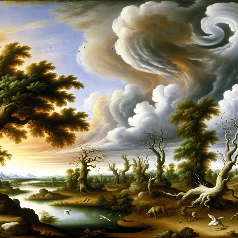 Een majestueus landschap met oude bomen en een serene rivier, dat de concepten van leven en bestaan door de tijd heen symboliseert.