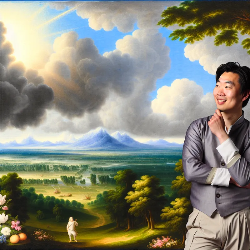 Een persoon staat op een heuveltop en kijkt in de verte naar een prachtige vallei onder een dramatische lucht met wolken.