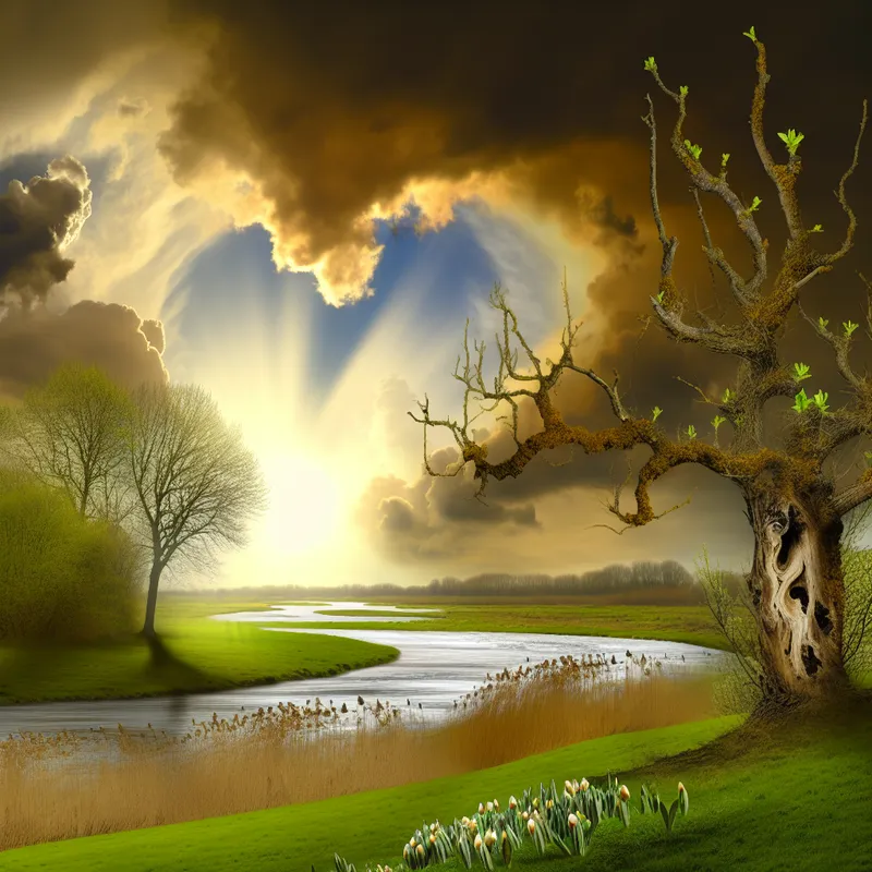 Majestueus landschap met een groene weide, bloeiende bloemen en een rustige rivier onder een dramatische lucht, symboliseert de passage van de tijd met een oude boom aan de linkerkant.