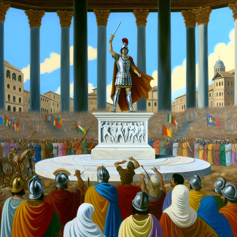 Een krachtige Romeinse generaal in volle armor spreekt tot een diverse menigte voor majestueuze Romeinse architectuur, inclusief een iconisch coliseum.