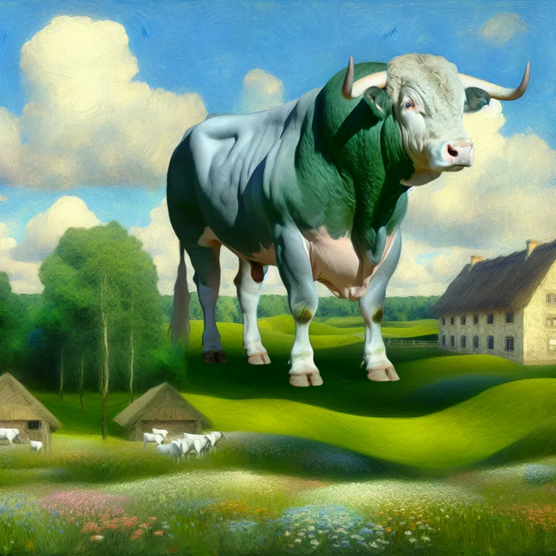 Een sterke stier in een groene weide op een boerderij, omringd door wilde bloemen.