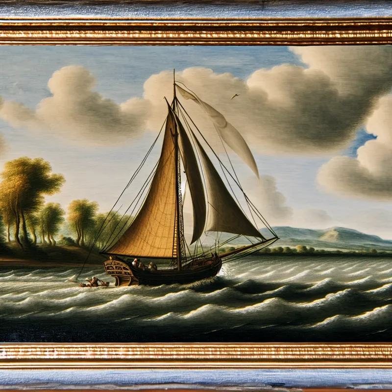 Een majestueuze zeilscene met een zeilboot in beweging op open water, met opgeblazen zeilen en strakke scheerlijnen onder een dramatische lucht.